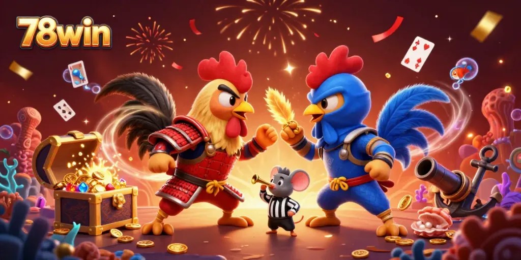 Bet on thrilling moments with 78win in this vibrant, action-packed gambling illustration featuring epic cockfight.