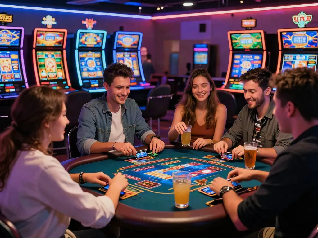 Engaging scene at credit card casinos UK, players enjoying vibrant games and interactive technology.