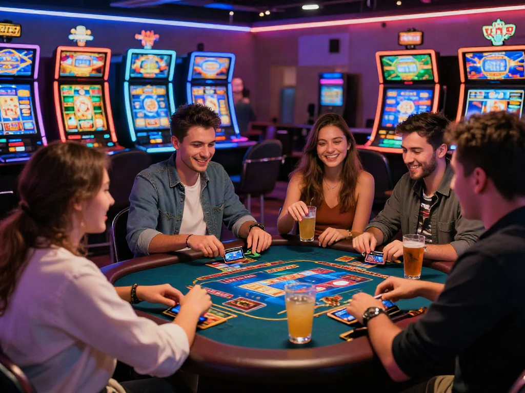Engaging scene at credit card casinos UK, players enjoying vibrant games and interactive technology.