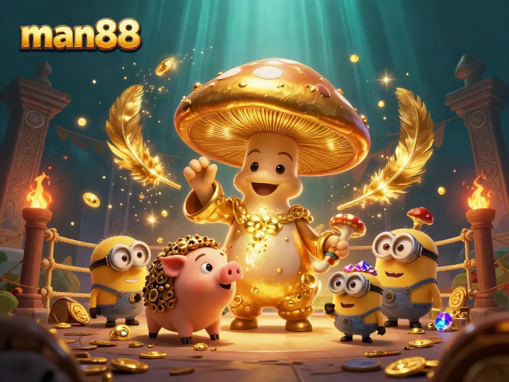 Experience the magical world of man88 with a golden mushroom wizard and a treasure-sniffing truffle pig amidst a vibrant casino scene.
