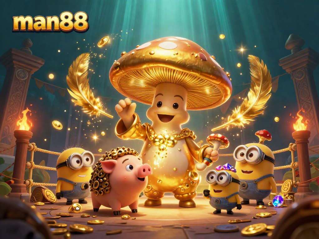 Experience the magical world of man88 with a golden mushroom wizard and a treasure-sniffing truffle pig amidst a vibrant casino scene.