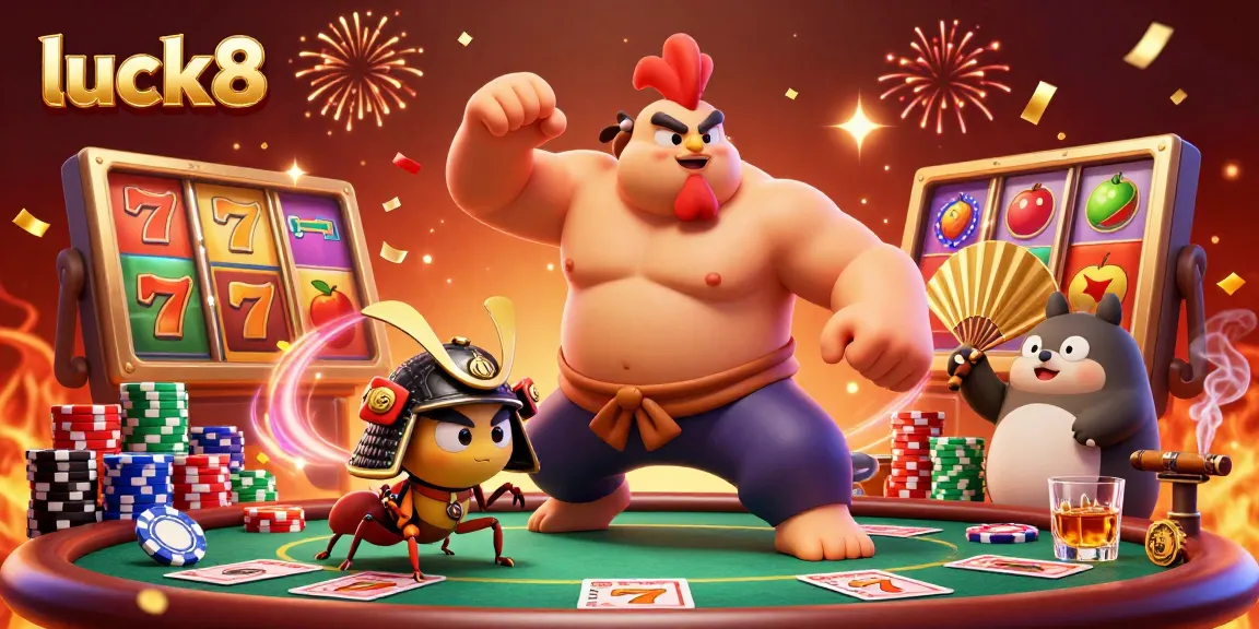 Experience thrilling luck8 slot action with a powerful sumo wrestler and samurai cricket in an energetic casino scene.
