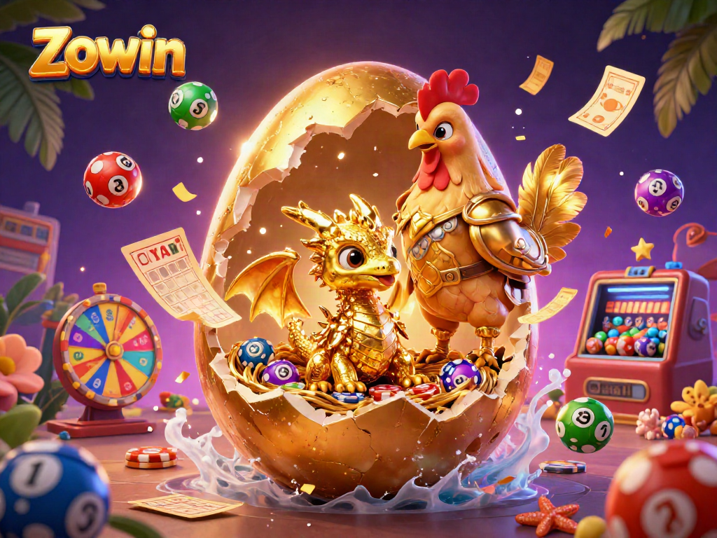 Zowin's vibrant golden egg illustration revealing a crystal dragon, surrounded by dynamic gaming elements.