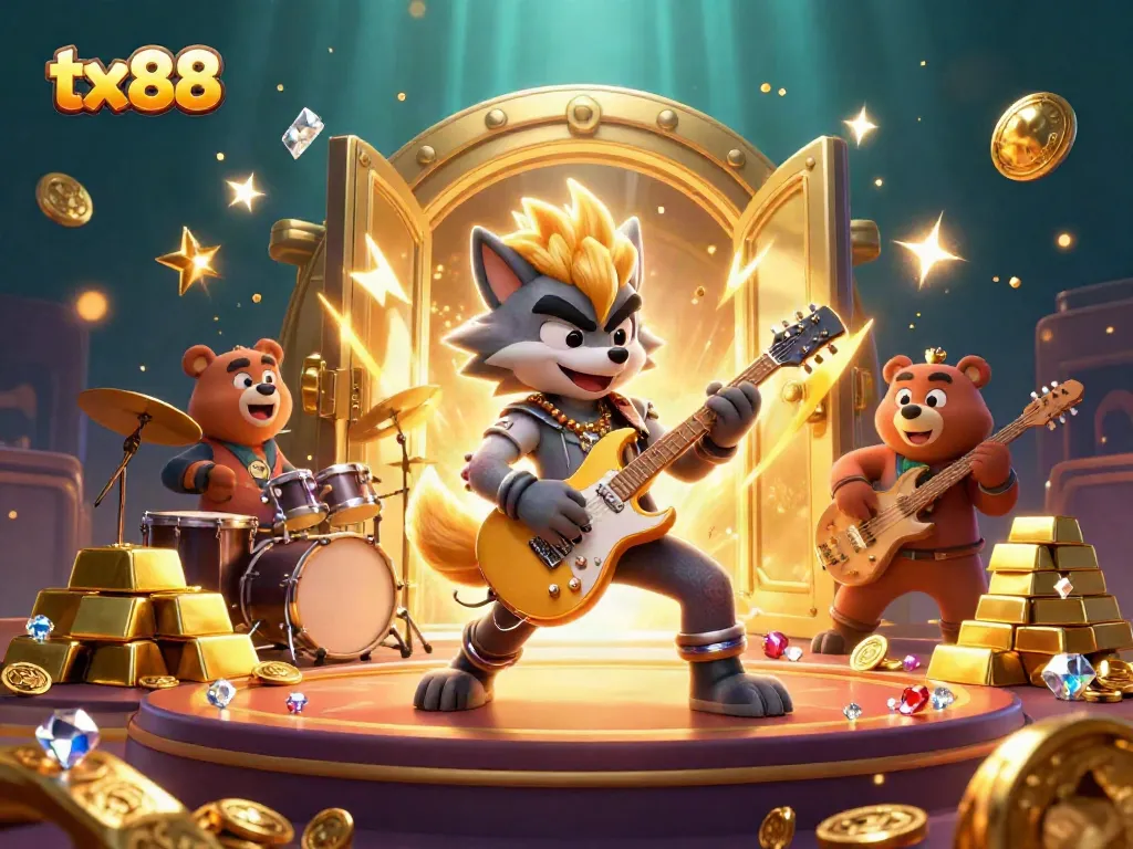 Experience the excitement of tx88 with a dynamic 3D illustration featuring a rock star wolf and a drummer bear on stage, surrounded by casino elements.