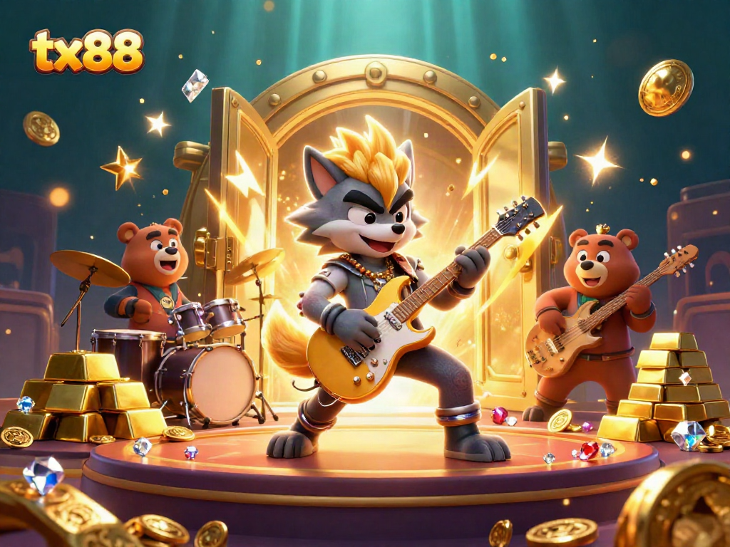 Experience the excitement of tx88 with a dynamic 3D illustration featuring a rock star wolf and a drummer bear on stage, surrounded by casino elements.