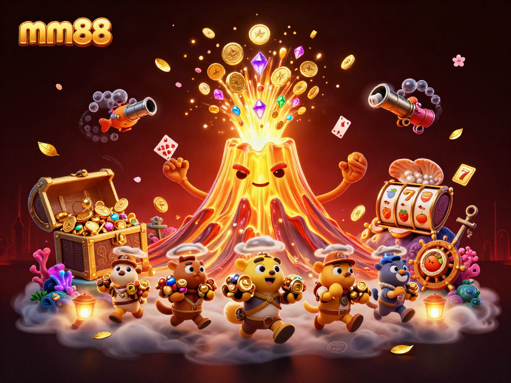 Experience the thrill of mm88 with a vibrant 3D casino scene filled with treasures and joyful characters.