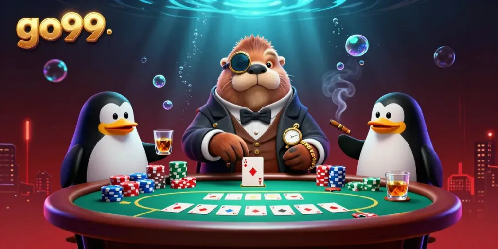 Experience thrilling poker action at go99 with a walrus, penguin dealer, and bluffing pufferfish.