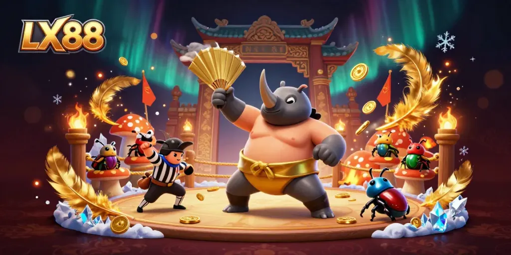 Experience the excitement at LX88 with a sumo beetle battling in a dazzling 3D casino arena.