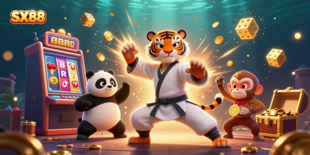 SX88 interactive scene showcasing a kung fu tiger master and friends amidst exciting casino elements