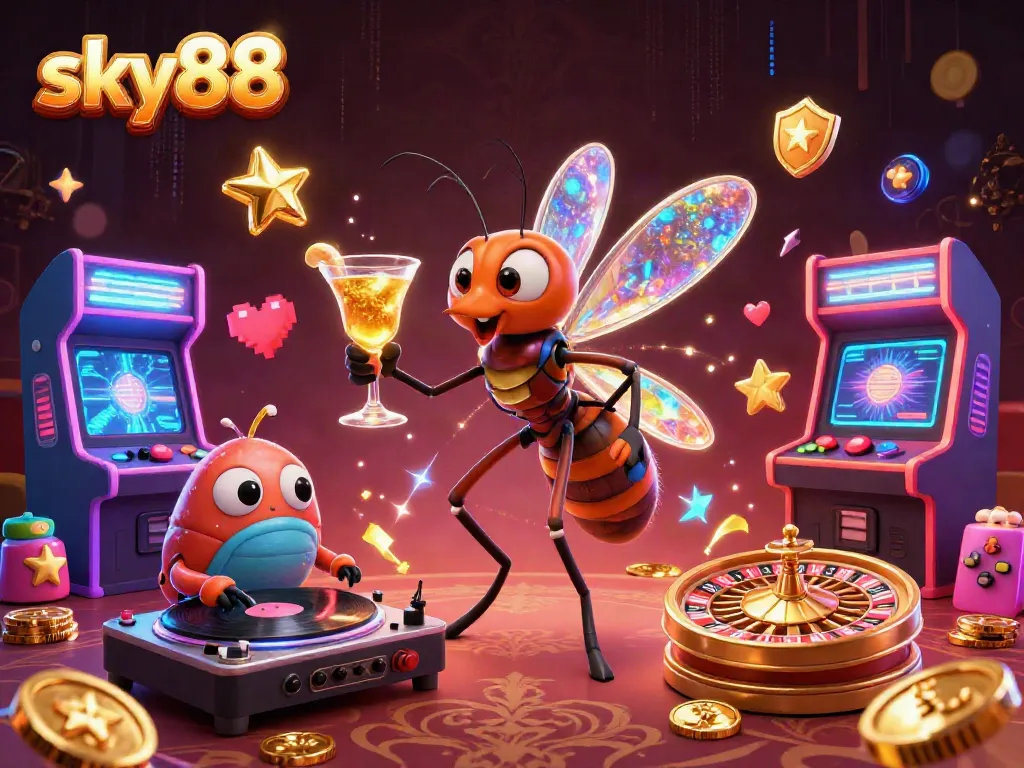 Engage with sky88 in this vibrant 3D casino illustration featuring unique gaming elements