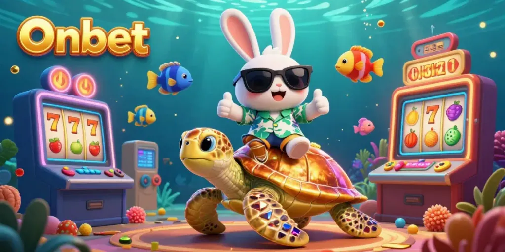 Engaging scene with Onbet's lucky rabbit and sea turtle surrounded by vibrant casino gaming elements.