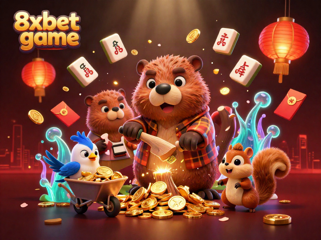 Engage in 8xbet game with golden coins raining as characters showcase excitement and luck.