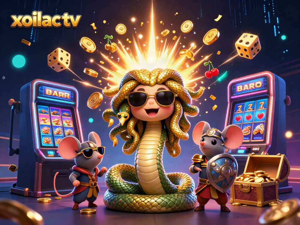 Experience thrilling actions with xoilac tv's 3D Medusa and warrior amidst casino elements exploding with excitement!
