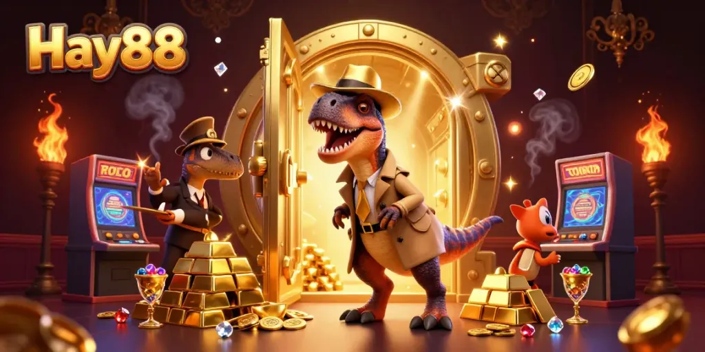 Experience the thrill of Hay88 with a vibrant casino scene featuring a velociraptor card counter and treasures galore.