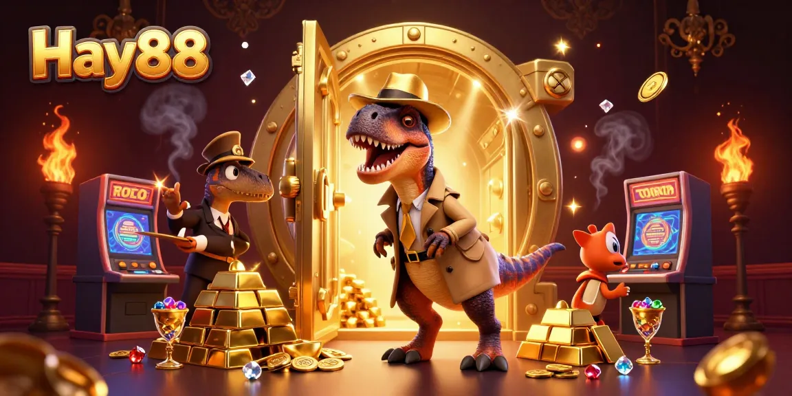 Experience the thrill of Hay88 with a vibrant casino scene featuring a velociraptor card counter and treasures galore.