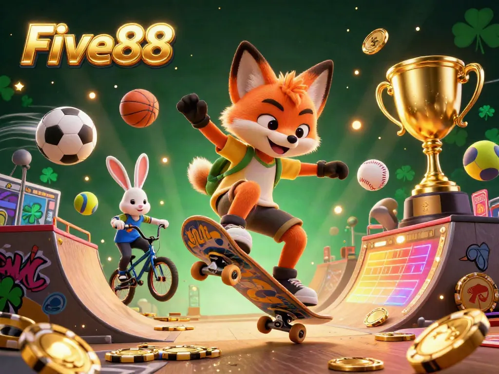 Five88 offers vibrant gaming action with a skateboarder fox and BMX-riding rabbit amidst thrilling casino elements.