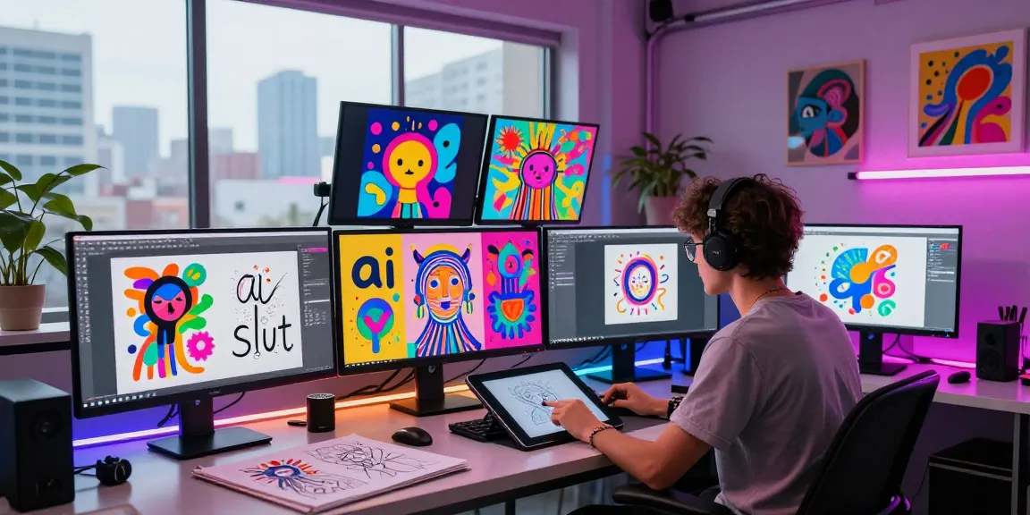 Artistic representation of AI-generated images featuring ai slut in a vibrant creative studio.