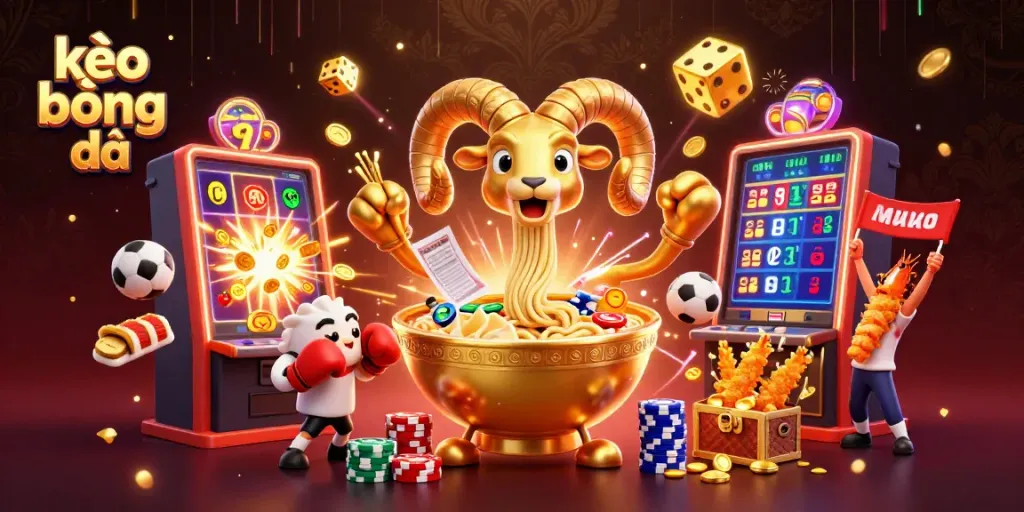 Engage with kèo bóng đá action as cartoon characters deal sports betting slips amidst a jackpot explosion.