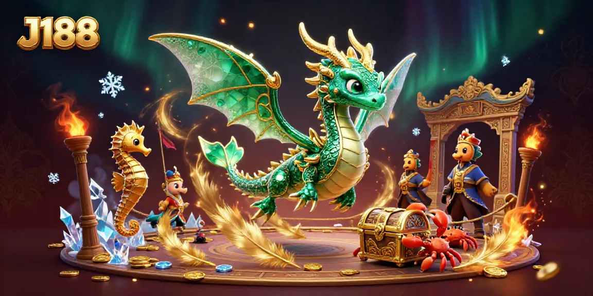 Experience thrilling gameplay at J188 with a dynamic scene featuring a sea dragon and treasure.