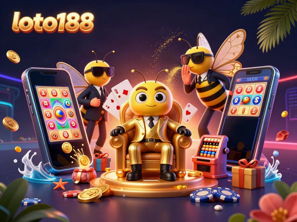 Engage with loto188's vibrant lottery interaction featuring a bumblebee mob boss in a bustling casino scene.