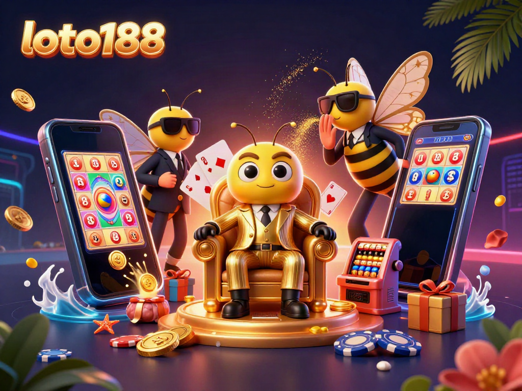 Engage with loto188's vibrant lottery interaction featuring a bumblebee mob boss in a bustling casino scene.
