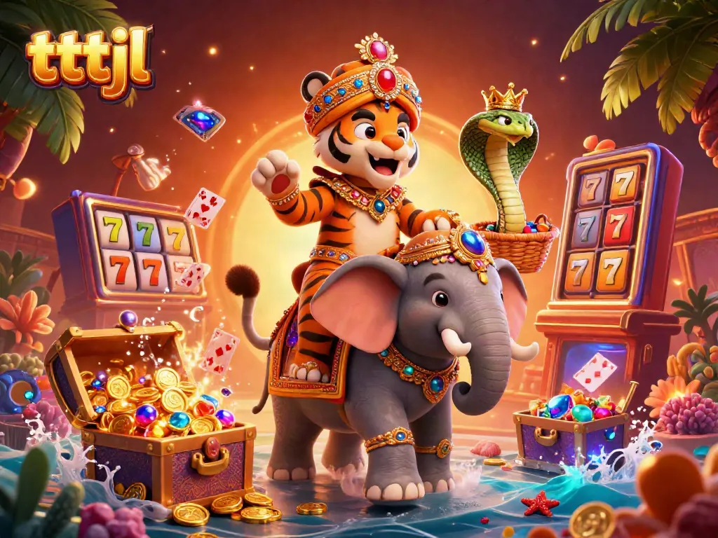 Experience thrilling wins with tttjl in this vibrant 3D casino illustration featuring a maharaja tiger and gem-filled treasures.