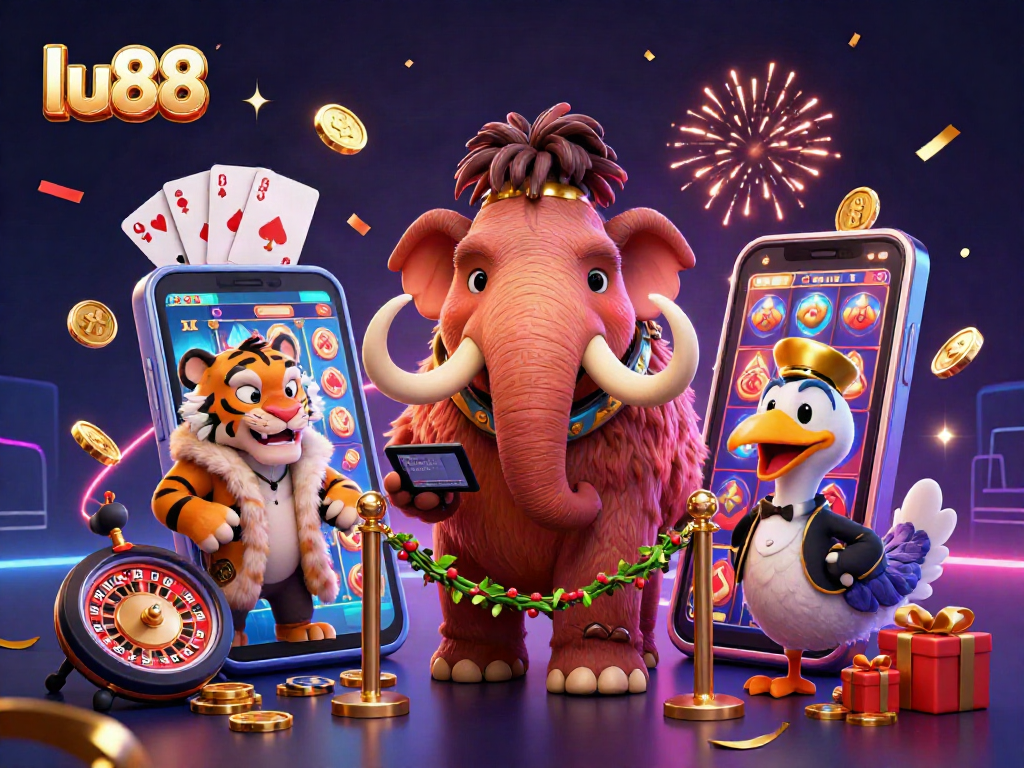 Experience thrilling gaming at lu88 with a cartoon mammoth bouncer and vibrant casino elements.