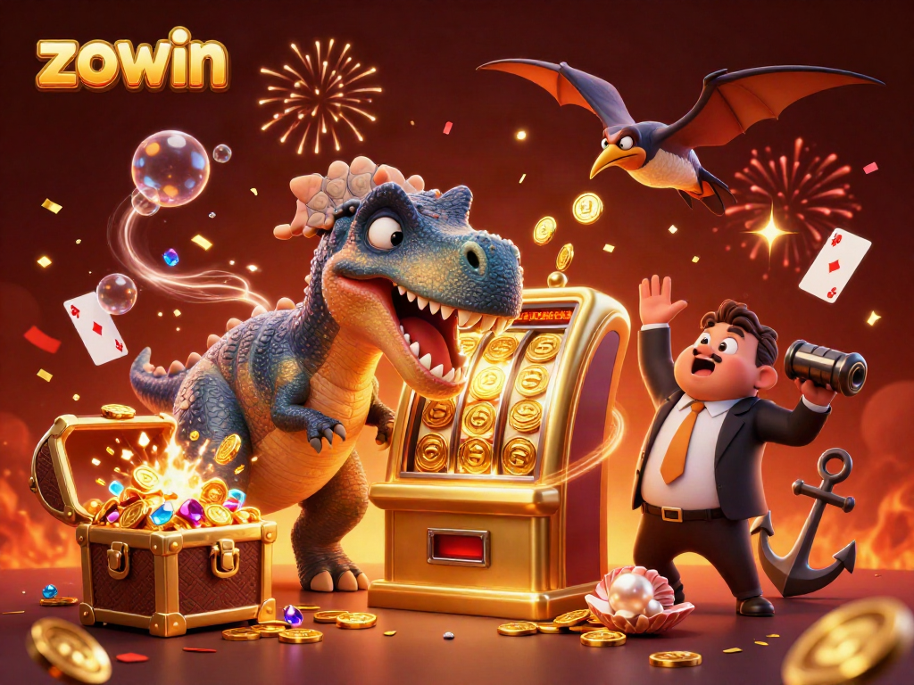 Zowin reveals a thrilling jackpot scene with a cartoon dinosaur and golden coins during a casino celebration