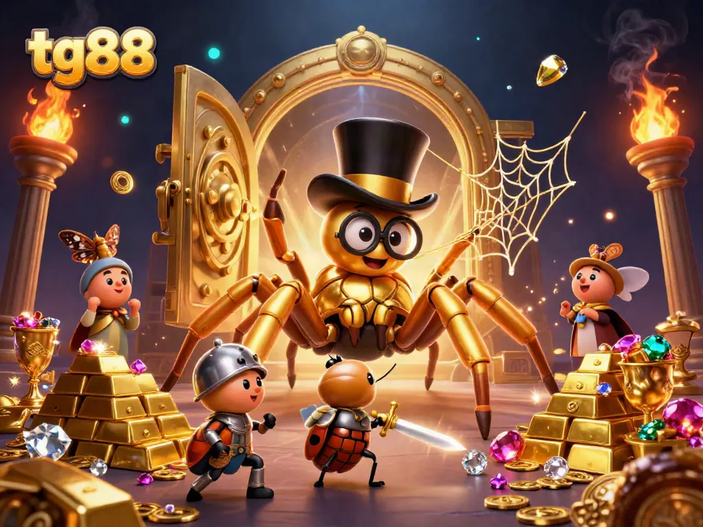 Experience thrilling gameplay with tg88 as a golden tarantula weaves its web amidst a vibrant casino scene.