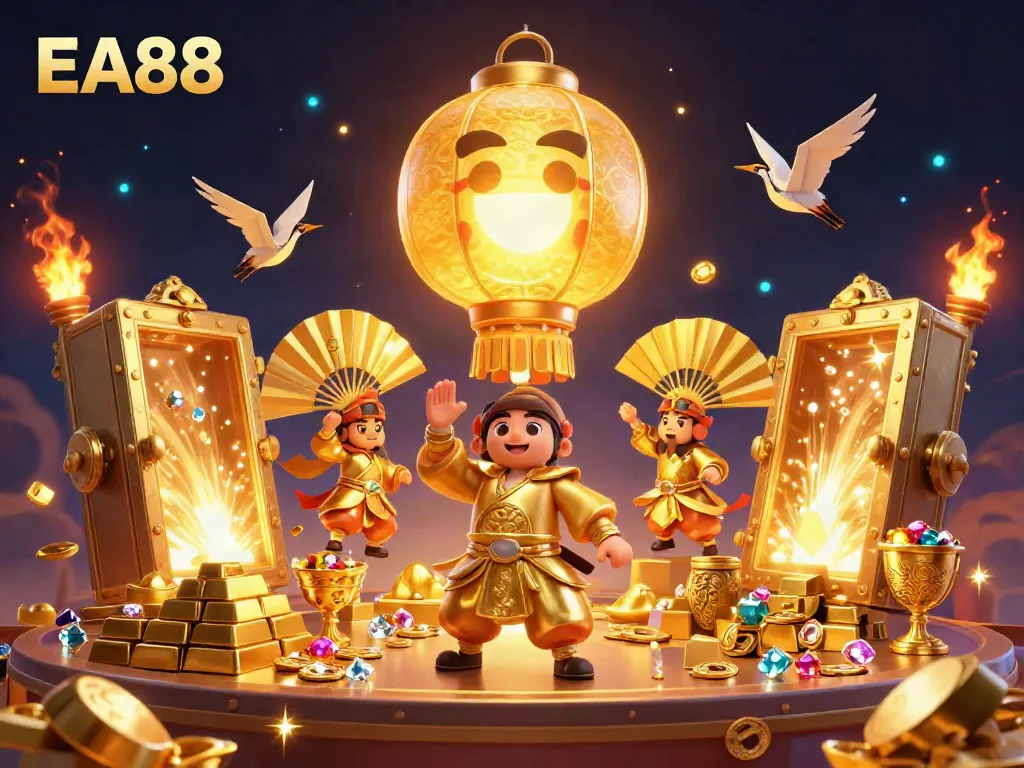 Experience the rich gameplay at EA88 with golden treasures and vibrant casino elements erupting in excitement.