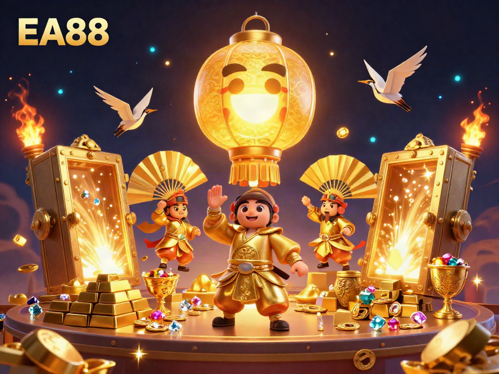Experience the rich gameplay at EA88 with golden treasures and vibrant casino elements erupting in excitement.