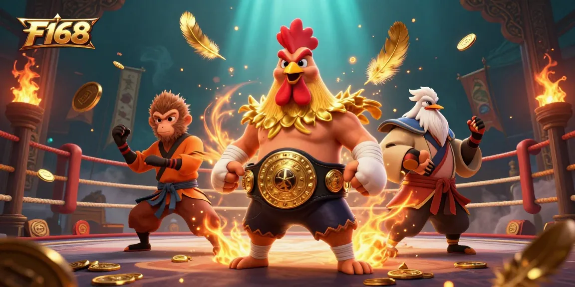 Experience the thrilling action of F168 with a rooster champion and martial artists in a vibrant online casino setting.
