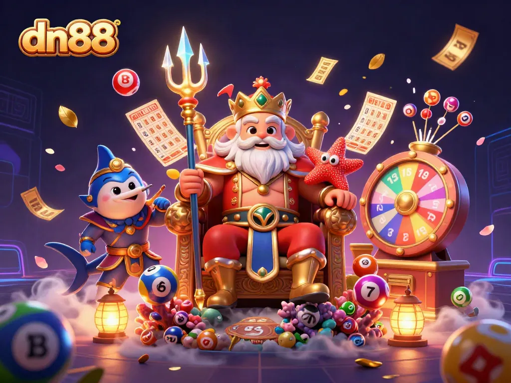 Experience the exhilarating world of dn88 with vibrant lottery elements and 3D characters in an immersive casino scene.