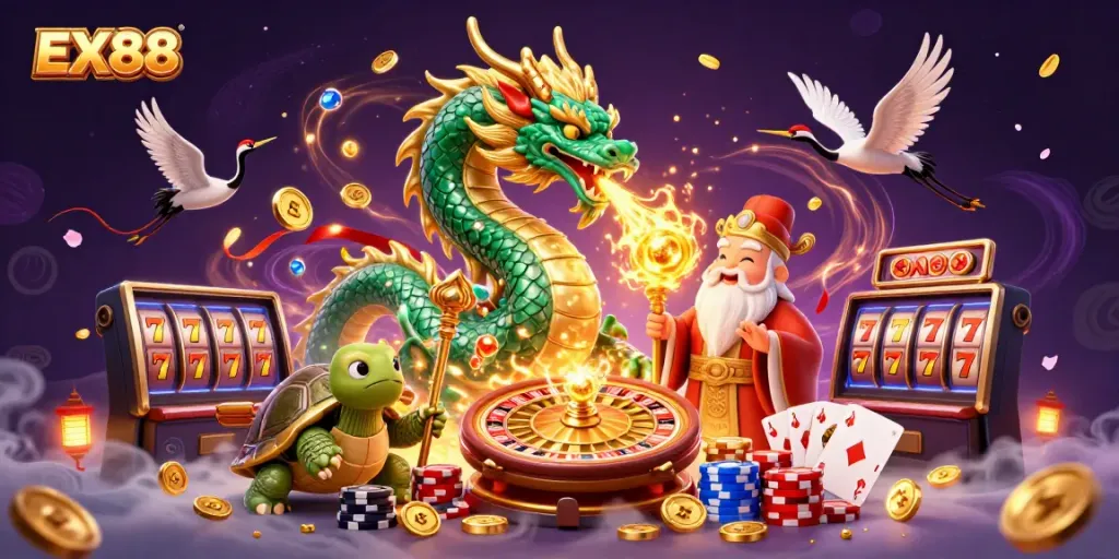 Experience excitement with the EX88 dragon and sage in a vibrant casino scene full of winnings.