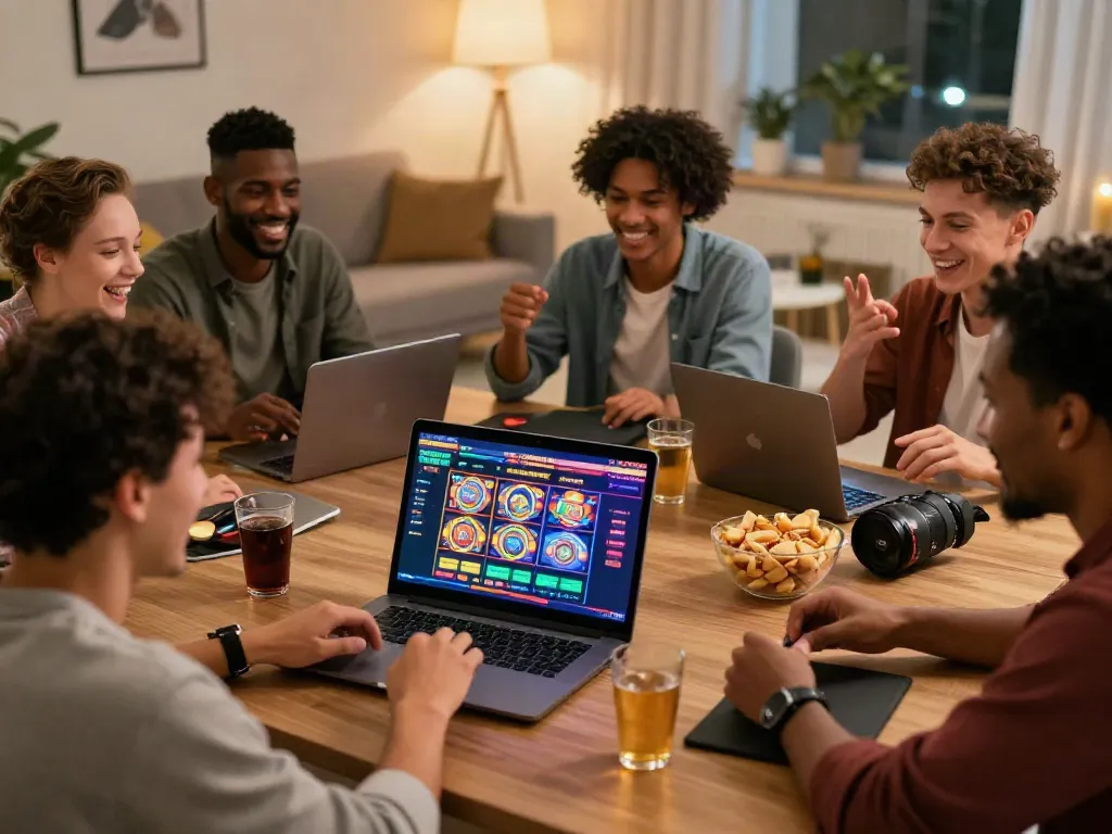 Friends enjoying casinos non gamblock UK games together on a laptop.