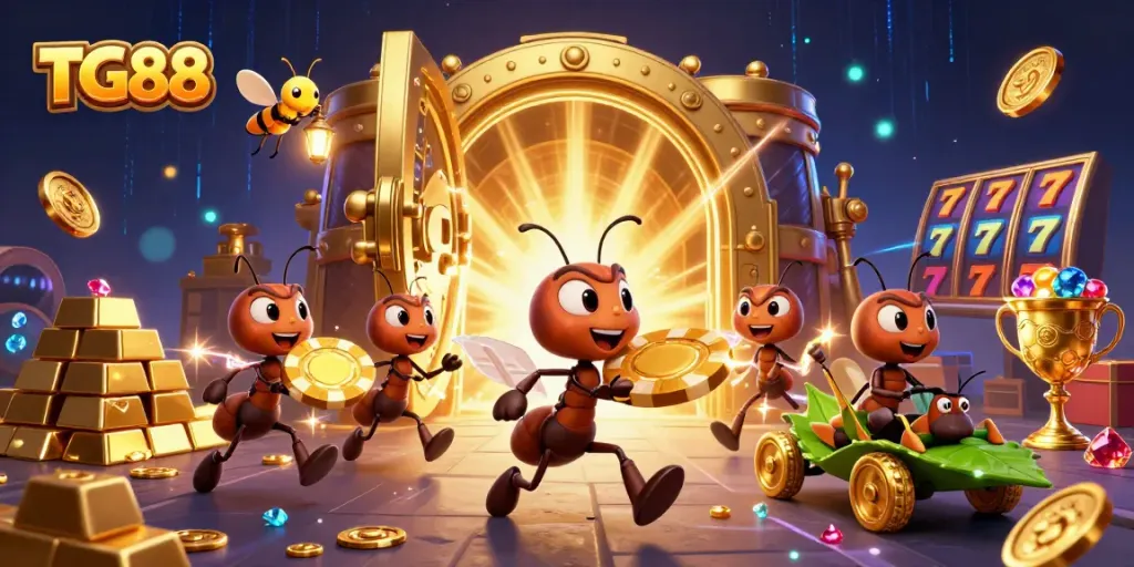 TG88 casino scene with heist-themed ants and vibrant slot elements showcasing excitement.