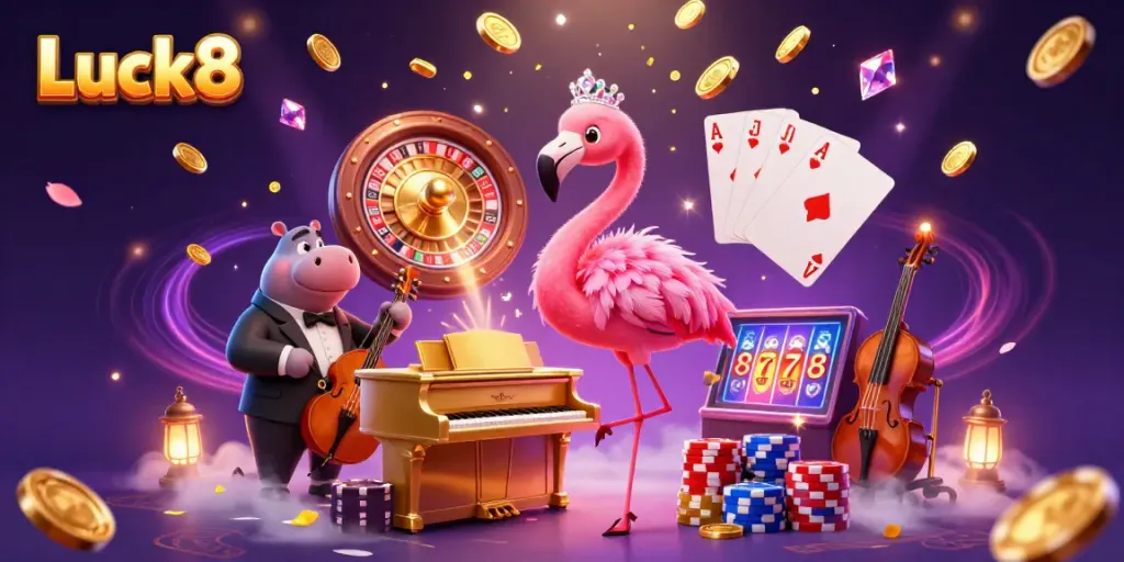 Spinning roulette, vibrant coins, and lively characters showcasing Luck8 casino experience.