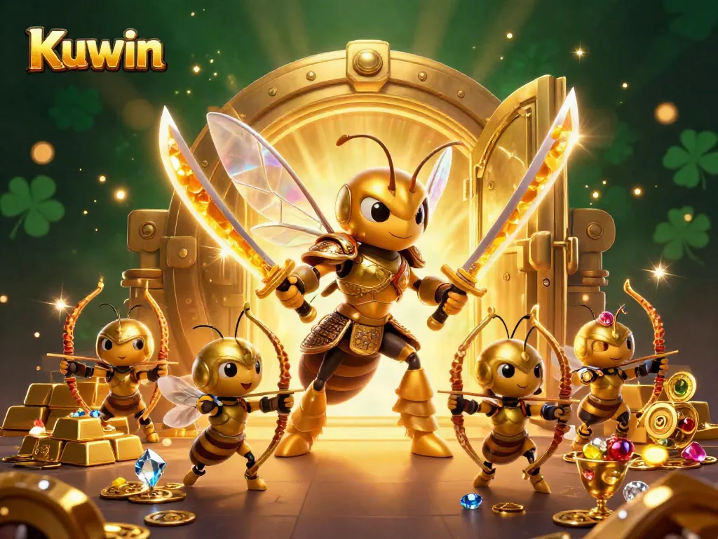 Kuwin's immersive casino scene features a hornet samurai and loyal bee archers amidst treasure and jewels.