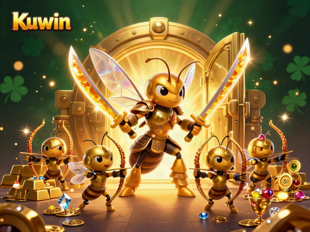 Kuwin's immersive casino scene features a hornet samurai and loyal bee archers amidst treasure and jewels.