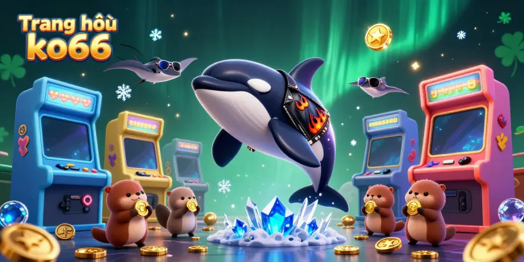 Engage with high-energy scenes on the Trang chủ ko66, featuring a playful orca and sea otters amidst casino gold and gaming elements.