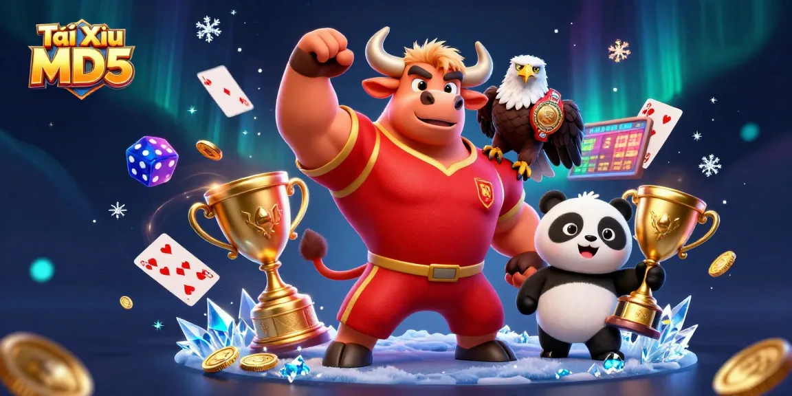 Tài Xỉu MD5 showcases a victorious bull mascot in a casino scene, celebrating with a trophy and coins.