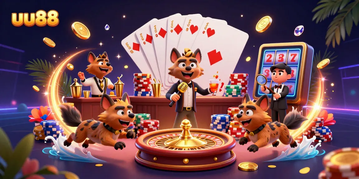 Experience the excitement of uu88 with a casino-themed illustration featuring hyenas in action.