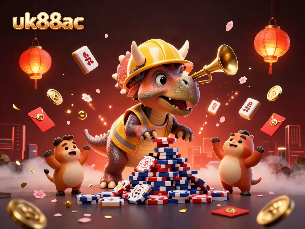 uk88ac celebrates games with a vibrant scene featuring a triceratops building poker chip pyramids