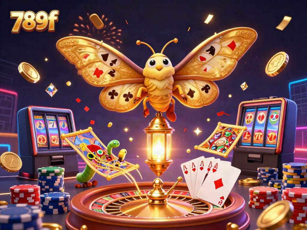 Engaging scene showcasing a majestic atlas moth, casino elements, and vibrant golden coins with "789f" logo.