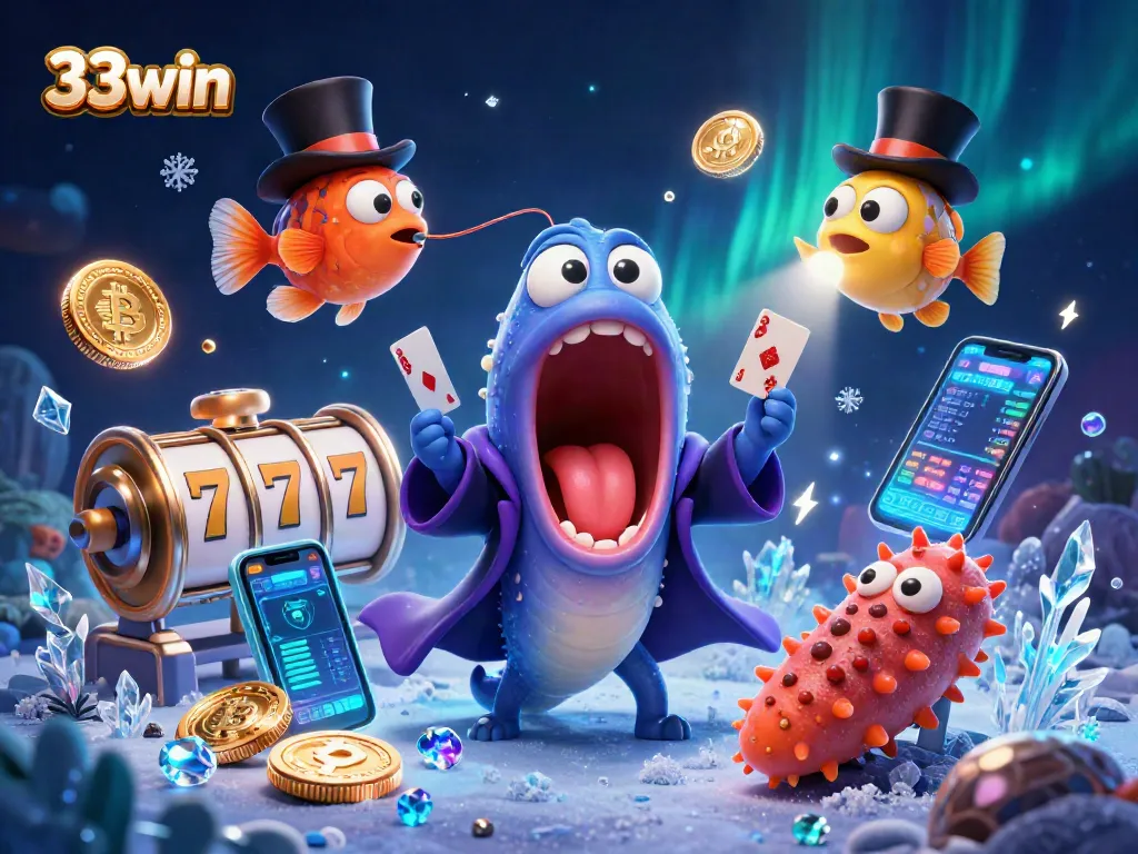 33win showcases a vibrant scene with deep-sea characters performing magical feats amidst a dynamic casino environment.