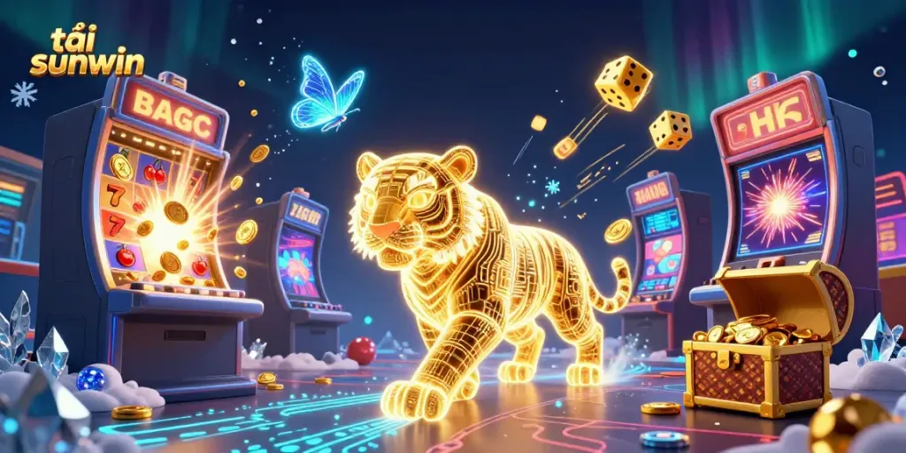 Experience the excitement of tải sunwin with a vibrant virtual casino scene showcasing a golden tiger and game elements.