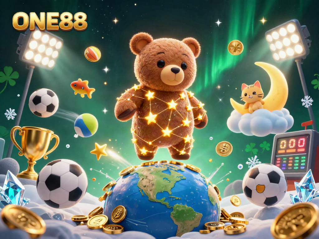 Experience thrilling sports betting excitement with ONE88, featuring dynamic soccer balls, trophies, and glowing betting slips.
