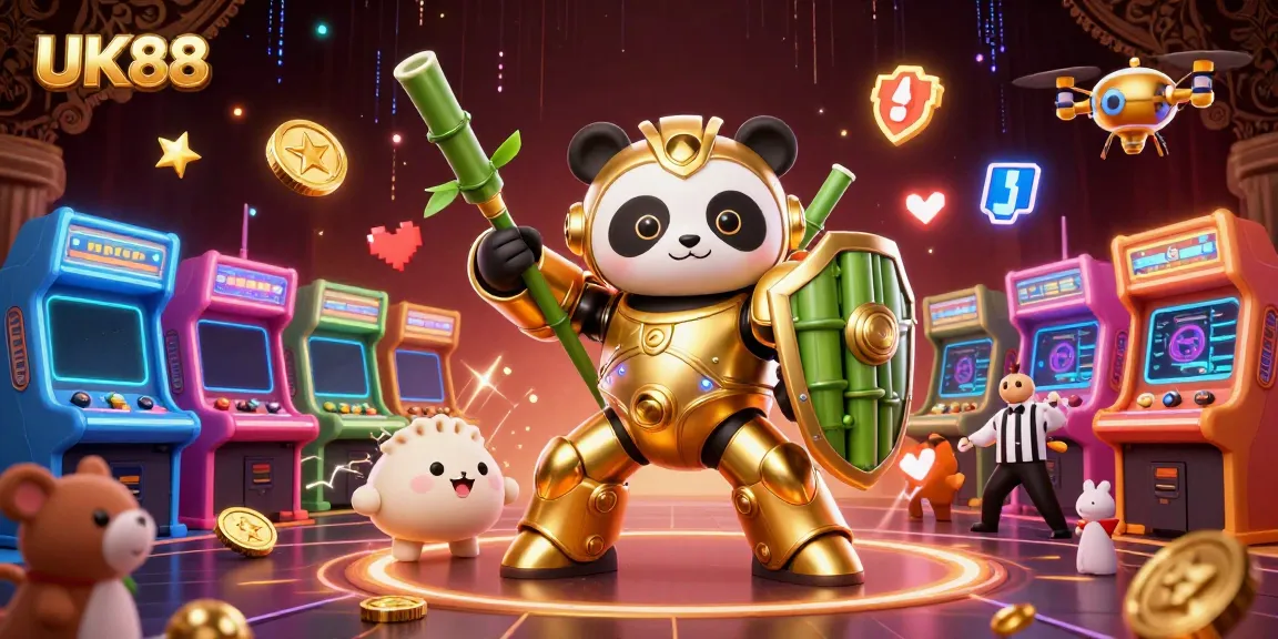 Experience the excitement of UK88 with a dynamic mech-suit panda and colorful arcade elements in a gambling arena.