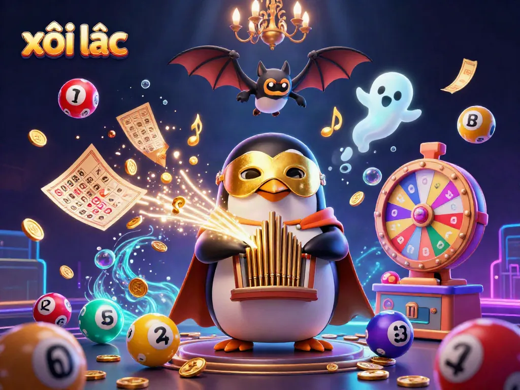 Engage with xôi lạc in a vibrant scene of a 3D penguin at a casino organ, surrounded by lottery and bingo elements.