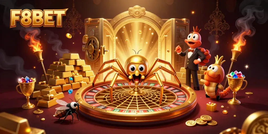 Experience thrilling bets with F8BET as a cartoon spider spins a roulette web. Dynamic gambling scene.